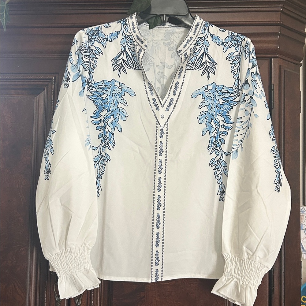 Women White and Blue Floral Shirt